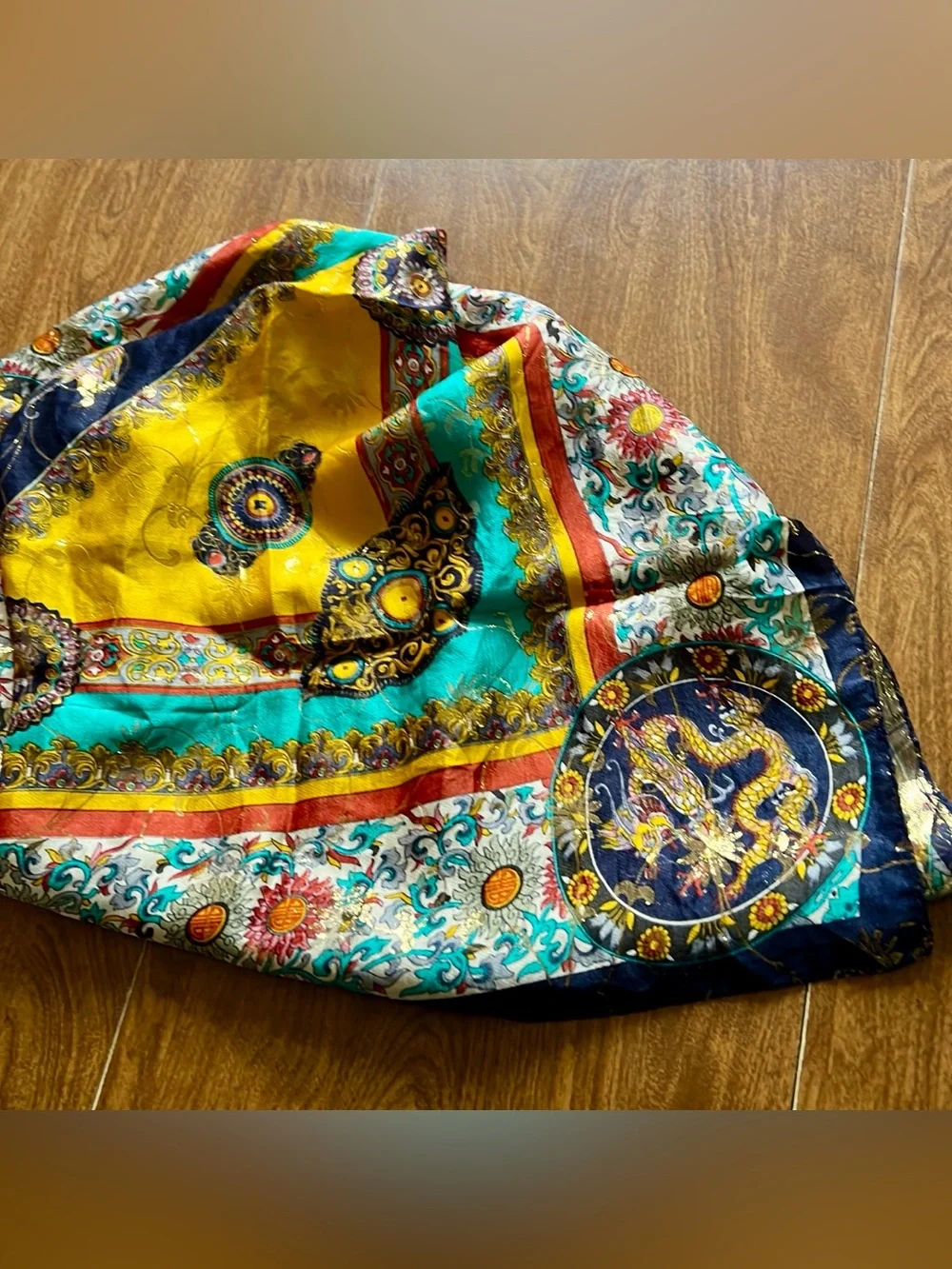 Vintage Large Square Chinese Dragon Flower Pattern Multicolored 100% Silk Scarf